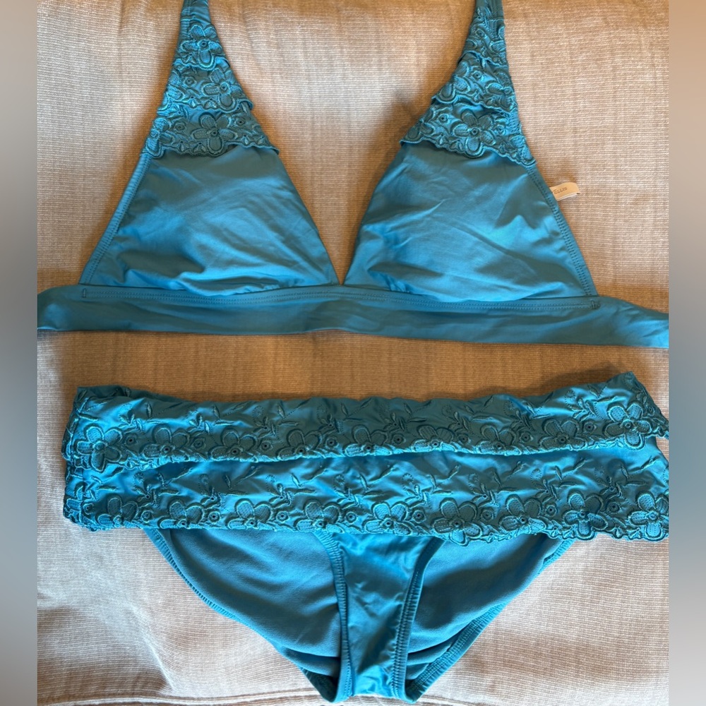 Perry Ellis Teal Embroidered Bikini Set
